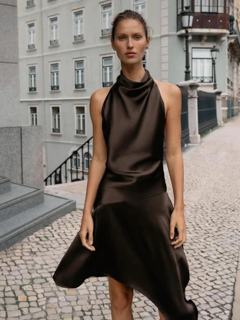 ZARA Asymmetric Short Dress With Bow Brown Halter Open Back XS NWT